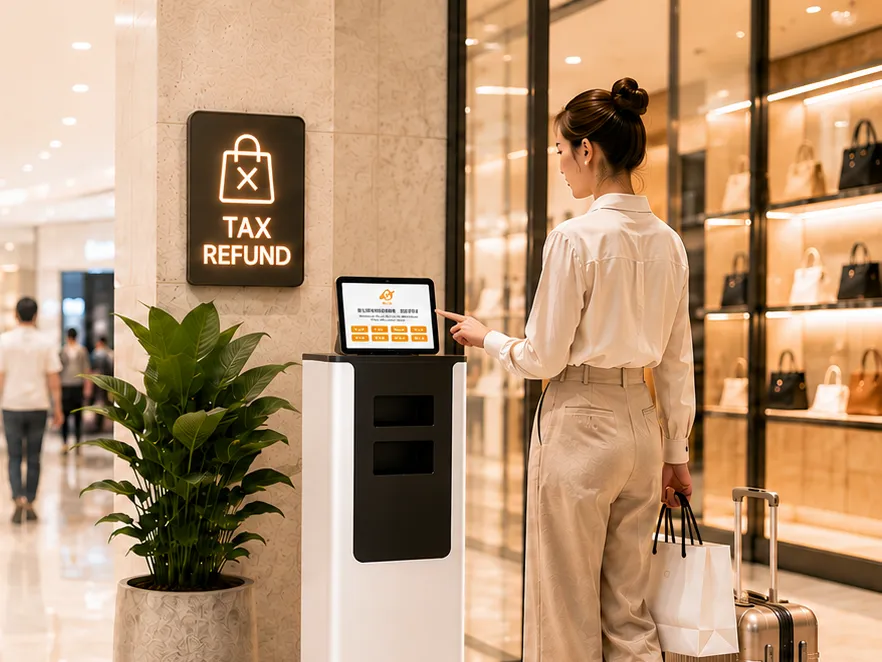新世代外籍旅客退稅 KIOSK 產品示意:旅客於百貨商場的自助退稅機前操作觸控螢幕,機台上方為 TAX REFUND 燈箱標示。