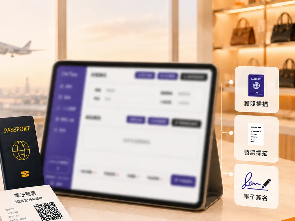 新世代外籍旅客退稅系統產品示意:平板電腦顯示退稅辦理介面,桌面放置護照與電子發票,右側標示護照掃描、發票掃描、電子簽名三項功能。
