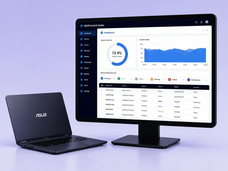 ASUS Control Center 產品示意:外接螢幕顯示系統健康度、系統使用率與裝置狀態清單的管理儀表板,旁邊放置一台 ASUS 筆記型電腦。