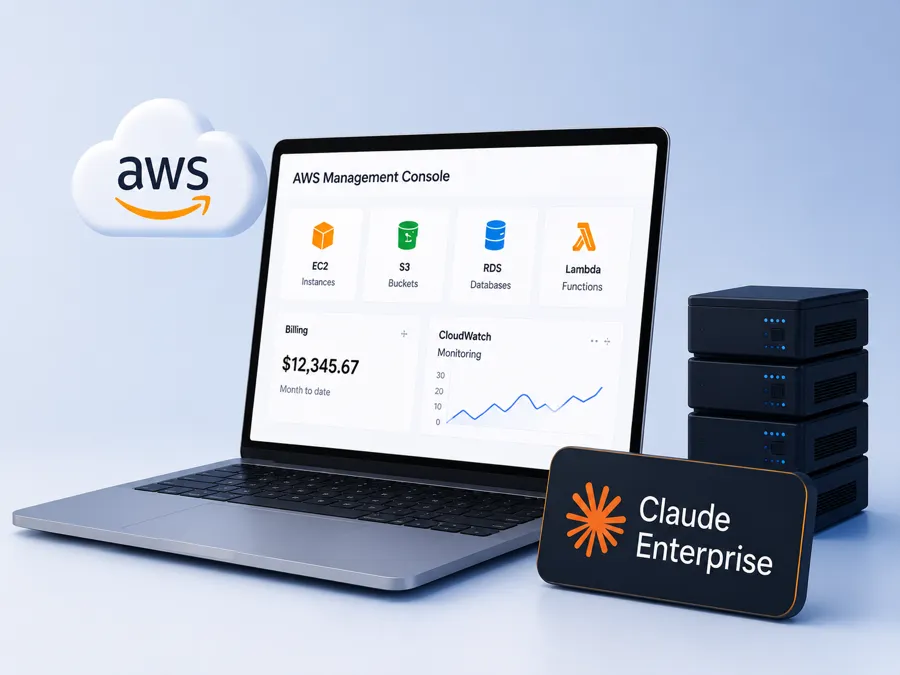 AWS 雲端服務產品示意:筆記型電腦顯示 AWS Management Console 的 EC2、S3、RDS、Lambda 服務與帳單、CloudWatch 監控面板,左側為 AWS 雲朵標誌,右側為伺服器機櫃,前方立有 Claude Enterprise 標示牌。