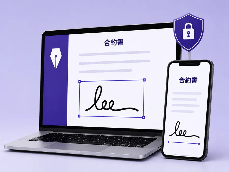 點點簽電子簽章產品示意:筆記型電腦與手機同時顯示合約書的電子簽名畫面,右上方為鎖頭盾牌圖示。