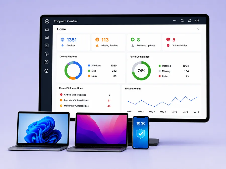 ManageEngine Endpoint Central 產品示意:平板顯示端點管理儀表板,含裝置數、缺少修補、軟體更新與弱點統計,前方為 Windows 筆電、Mac 筆電與手機。